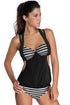 2pcs Solid Black Splice Striped Halter Tankini Swimsuit